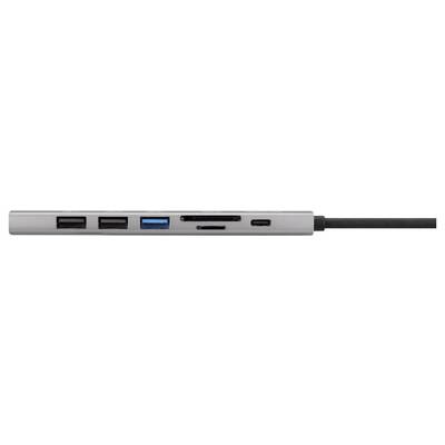 A compact USB hub with two USB 3.0 ports, a USB-C port, and an SD card slot, all in a sleek silver design connected by a black cable.