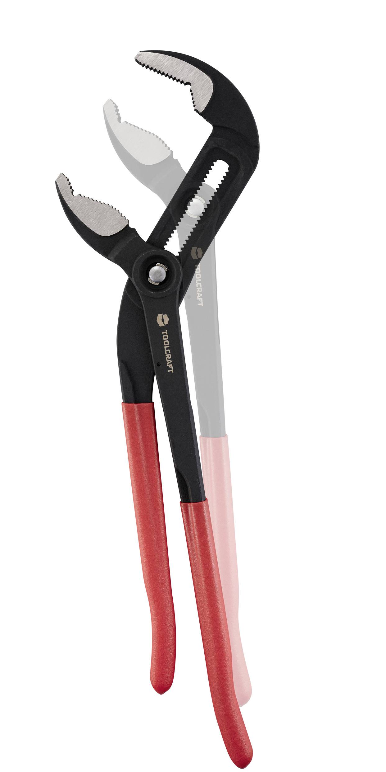 Adjustable pliers with red handles, showing two positions for gripping.