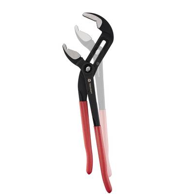 Adjustable pliers with red handles, showing two positions for gripping.