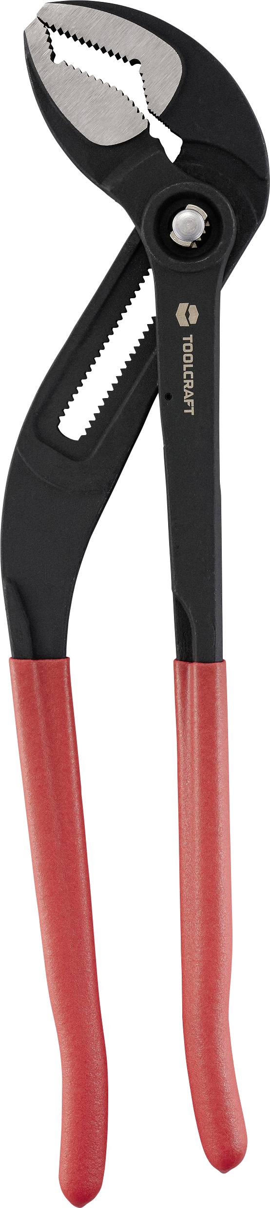 A pair of red-handled, adjustable pliers with a black metal body and a serrated jaw, designed for gripping and turning objects.