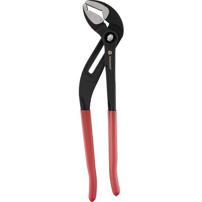 A pair of red-handled, adjustable pliers with a black metal body and a serrated jaw, designed for gripping and turning objects.
