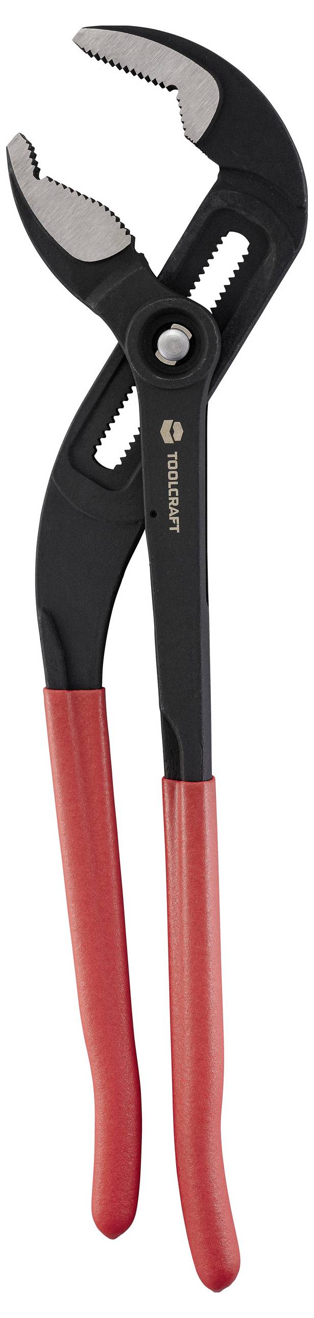 Red-handled adjustable pliers with a black metal jaw, designed for gripping and turning objects.