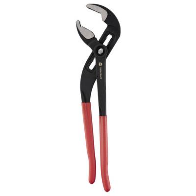 Red-handled adjustable pliers with a black metal jaw, designed for gripping and turning objects.