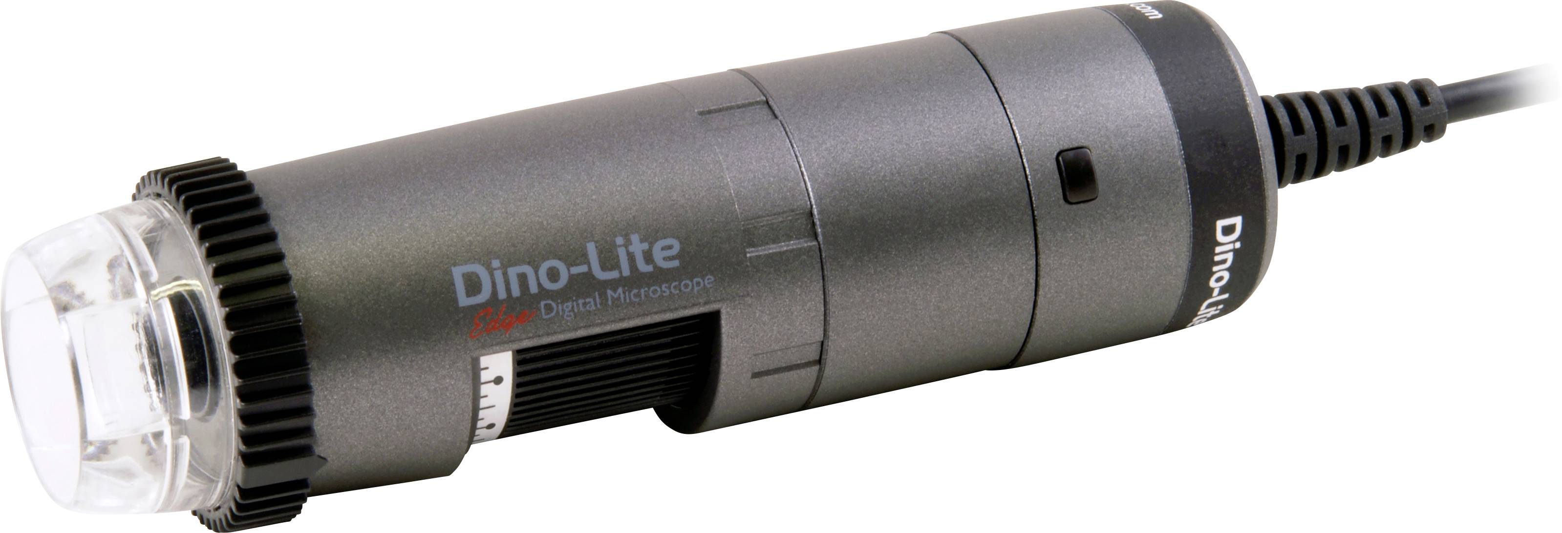 A portable digital microscope with 'Dino-Lite' print, showing magnification scale. Ideal for mobile scientific applications.