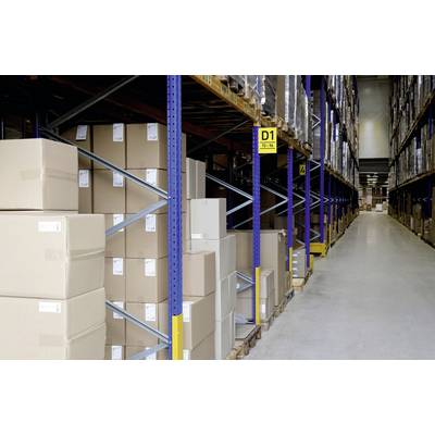 Large warehouse with stacked boxes on shelves. A long aisle separates the shelving units. A sign marks the shelf section as 'D1'.