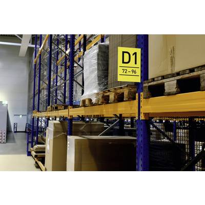 A storage rack with a yellow sign 'D1 72-96', with pallets and boxes stacked on it. Further shelving is visible in the background.