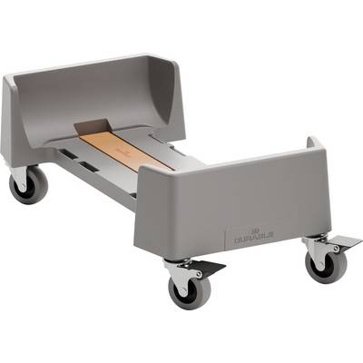 Grey plastic trolley with four black wheels, suitable for transporting crates or boxes.