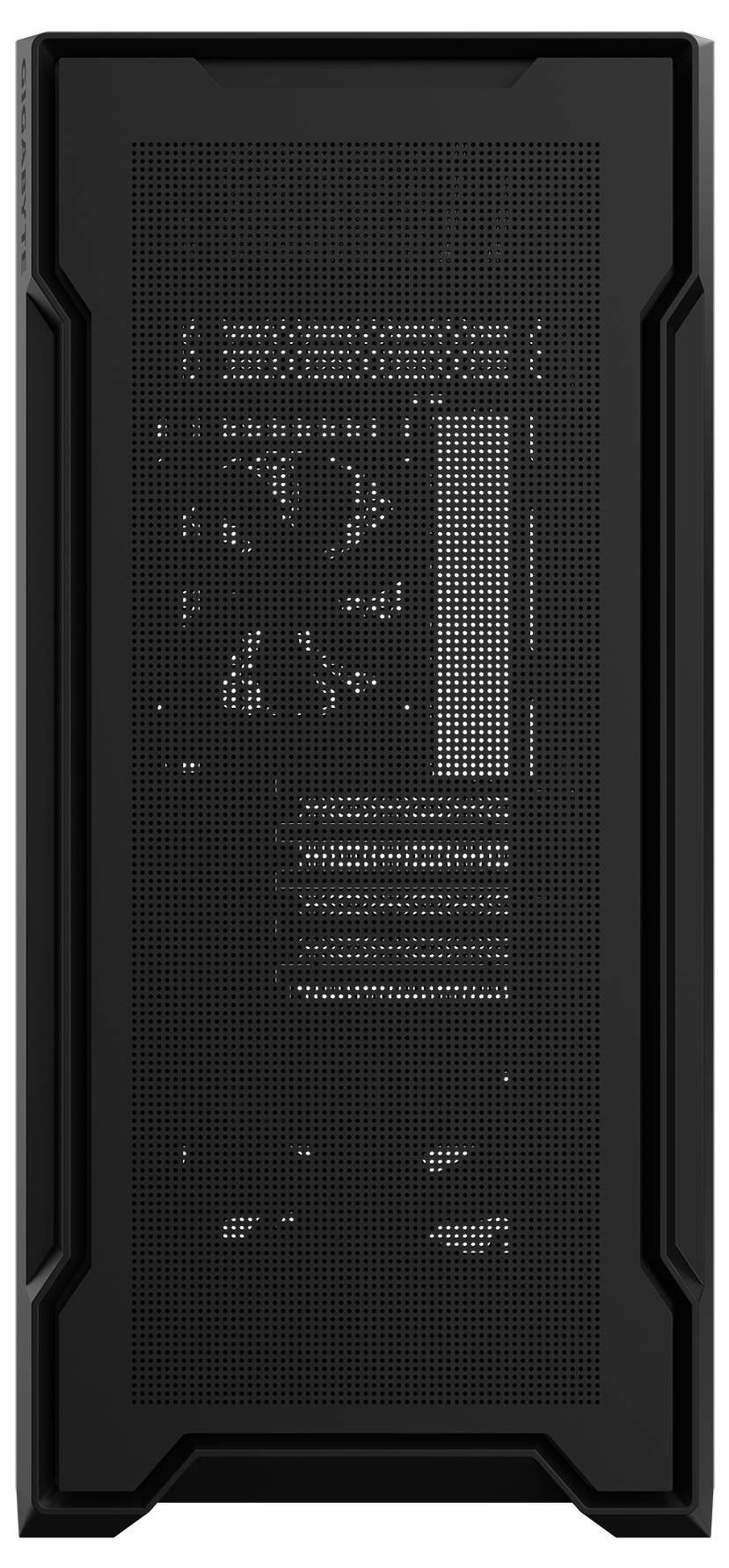 A black computer case with a perforated front, providing ventilation and visibility of the internal hardware components.