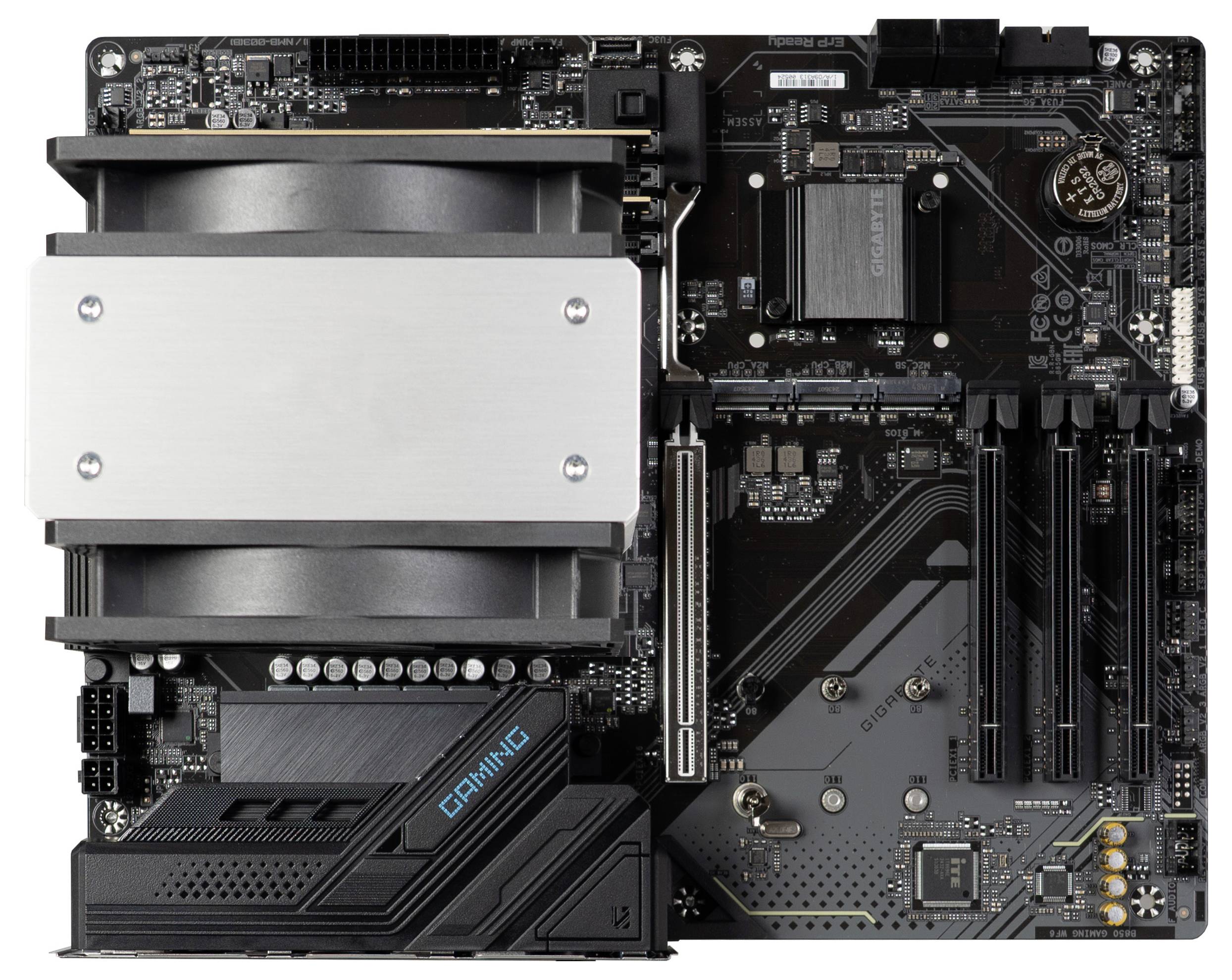 A motherboard with a CPU fan and PCIe expansion slots for gaming PCs. Includes connections for RAM, power supply and other components.