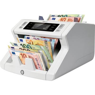 A money counter is counting coloured Euro banknotes in various denominations. A display shows '46'.