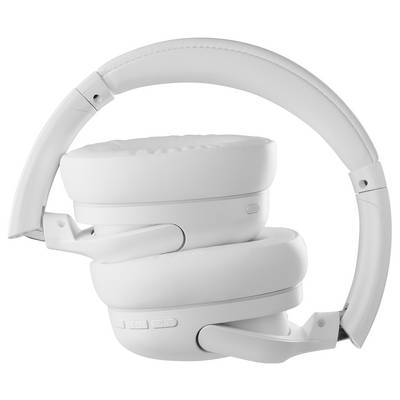 White wireless headphones, foldable, with controls on the ear cup. Suitable for mobile music enjoyment.
