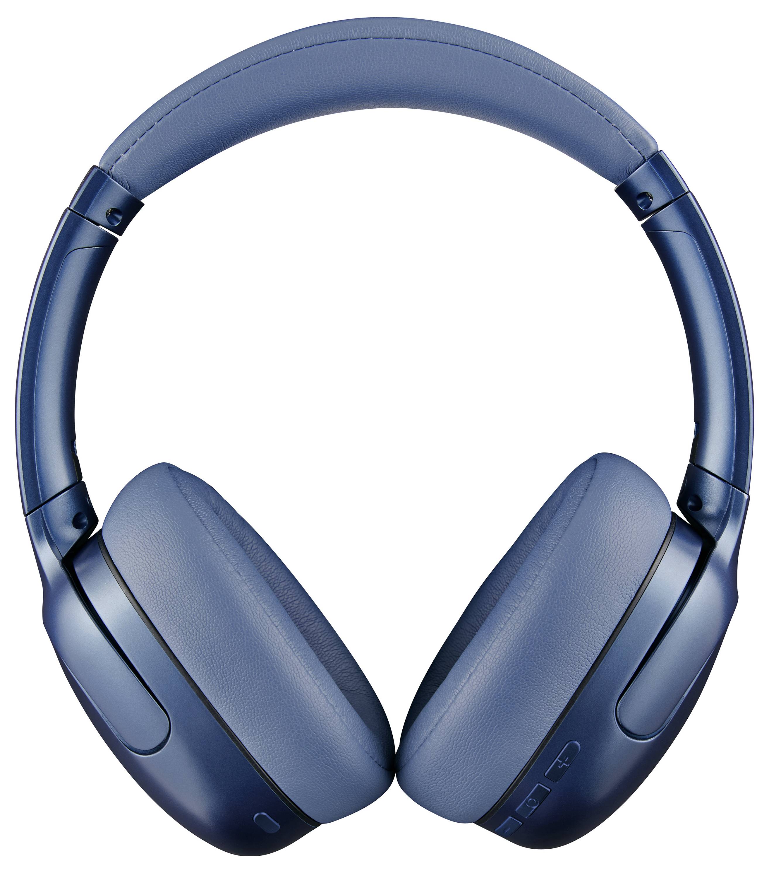 Blue over-ear headphones with padded ear cups and headband, wireless design, front view.