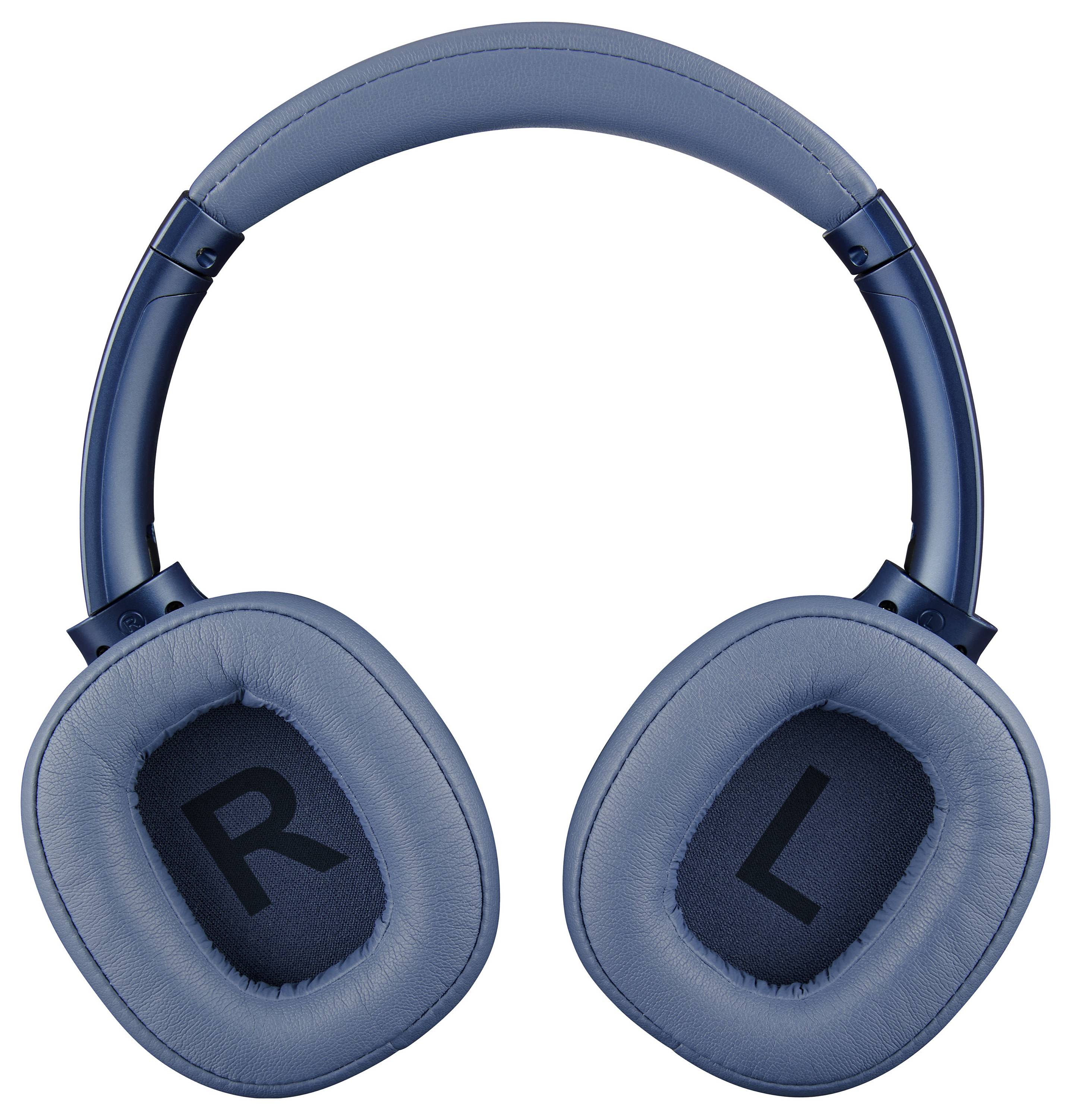 Blue over-ear headphones with padding, left and right sides marked with 'R' and 'L'. Ideal for enjoying music or making telephone calls.