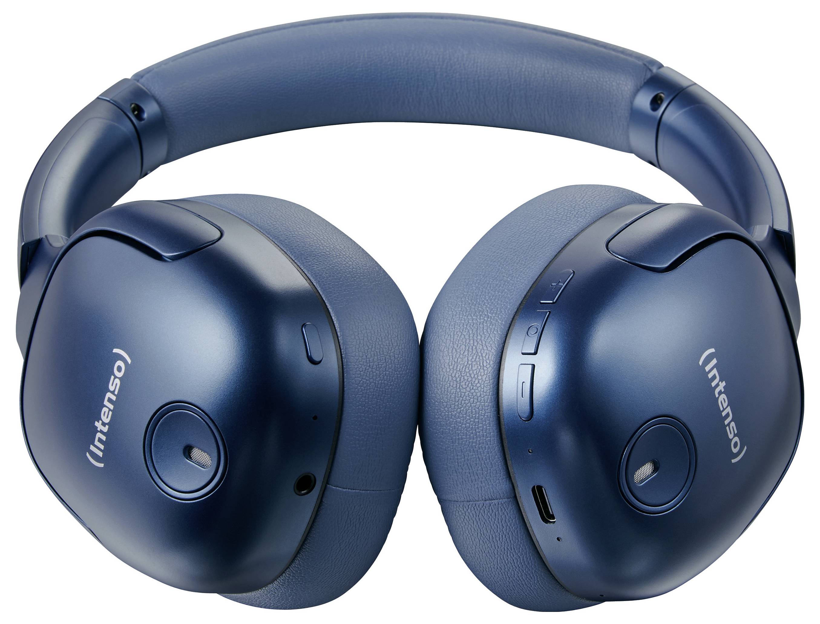 Blue wireless over-ear headphones with padding, shown in an unfolded view. The 'Intenso' brand is visible on the ear cup.