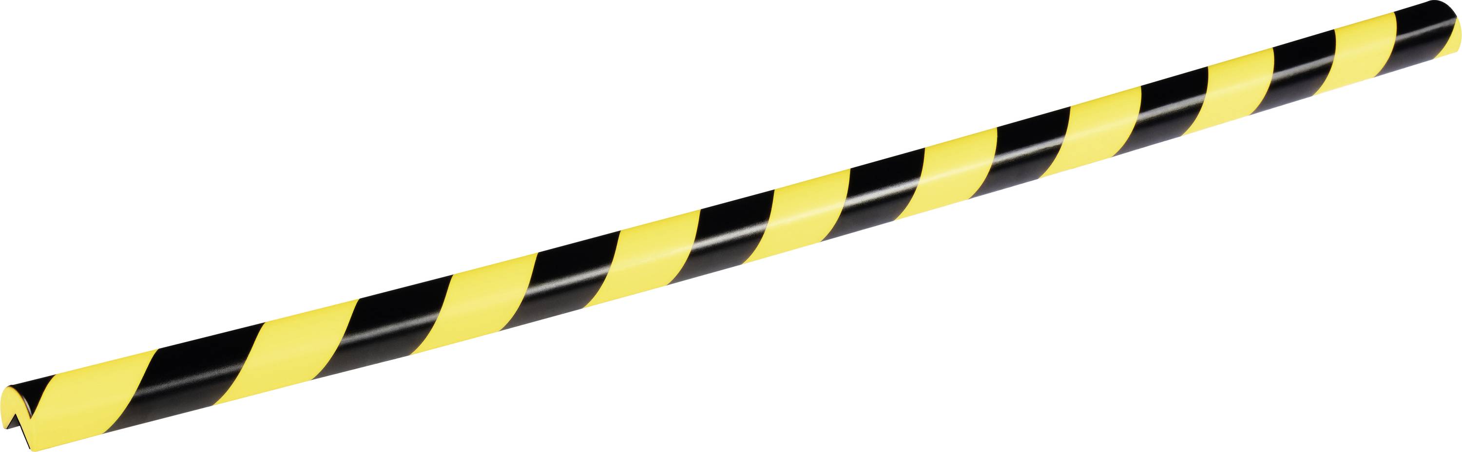Yellow and black diagonal striped barrier pole, used to secure areas and warn of hazards.