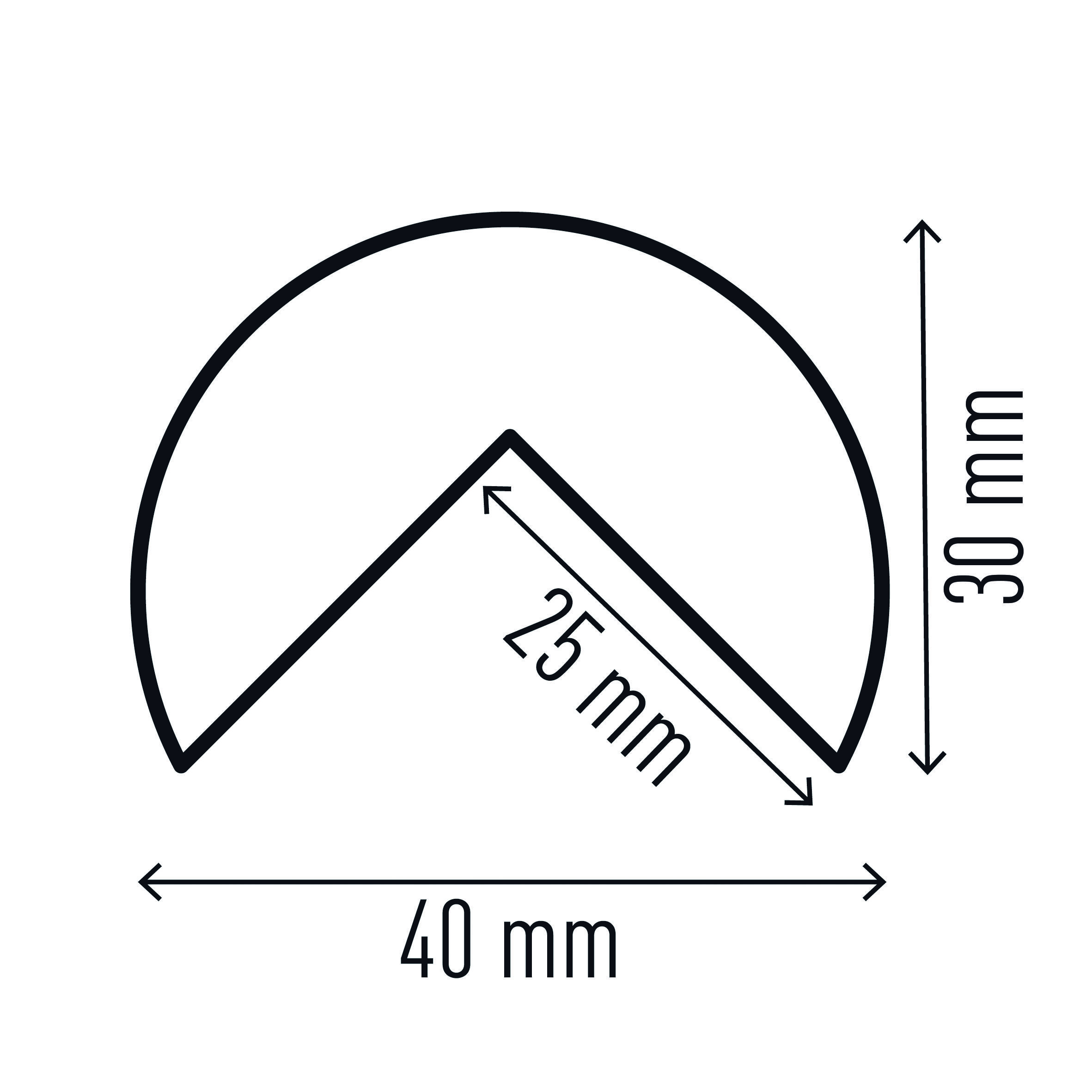 Pie chart shows a half-circle with an inserted triangle. Dimensions: Outer diameter 40 mm, height 30 mm, inner diameter 25 mm.