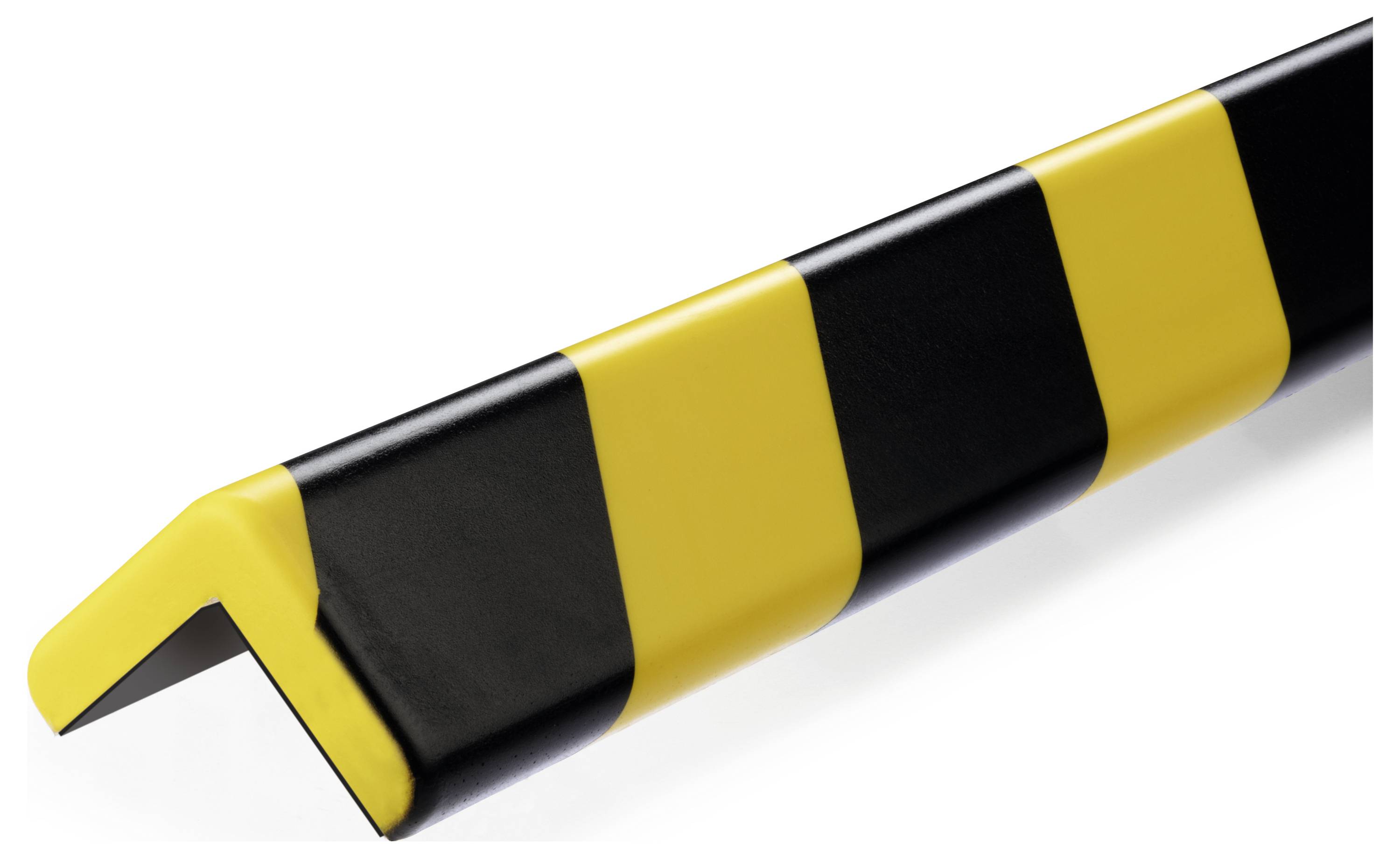 Black and yellow diagonally striped plastic corner guard for preventing impacts on corners and edges in industrial environments.
