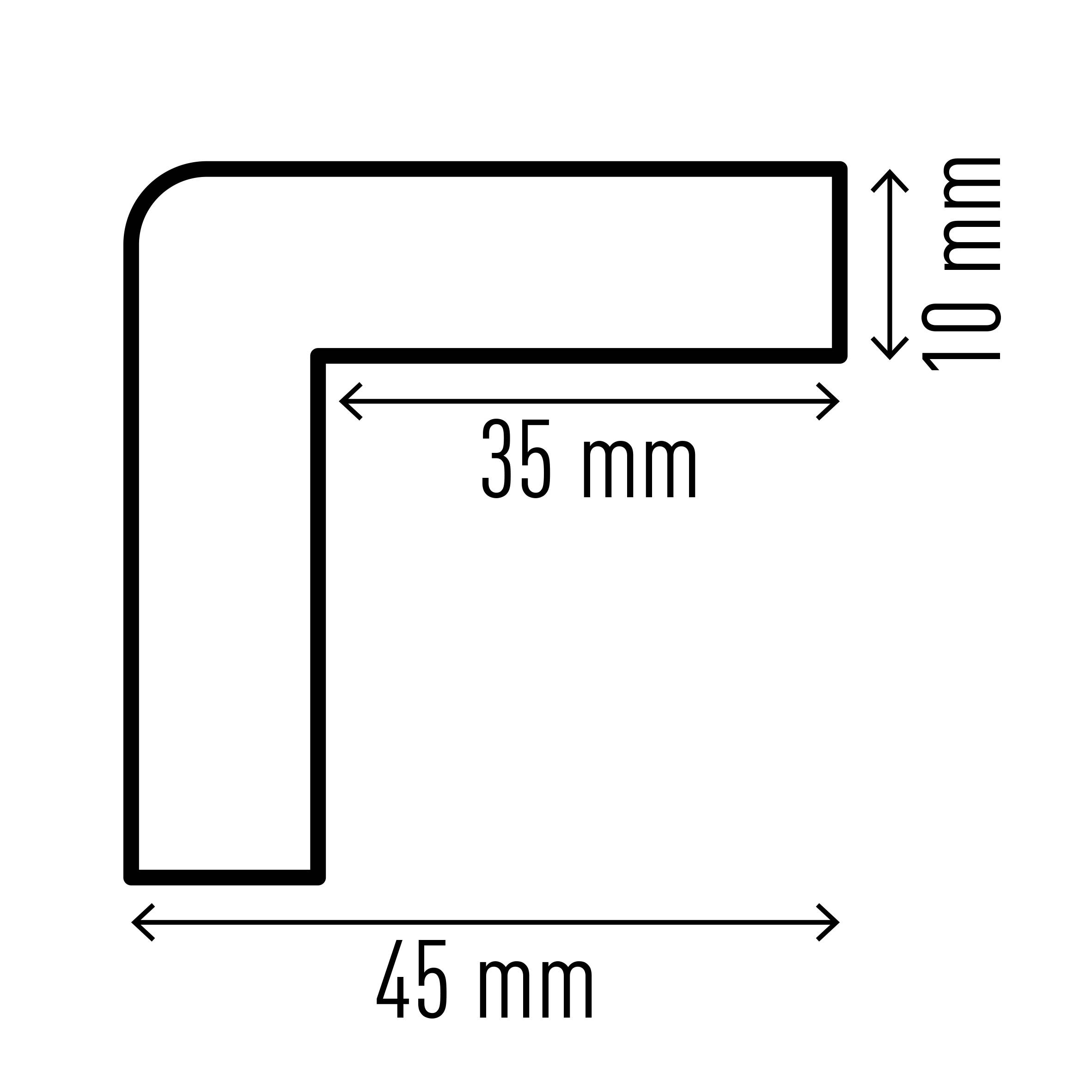 Right-angled profile with an internal length of 35 mm and an external length of 45 mm, width 10 mm.