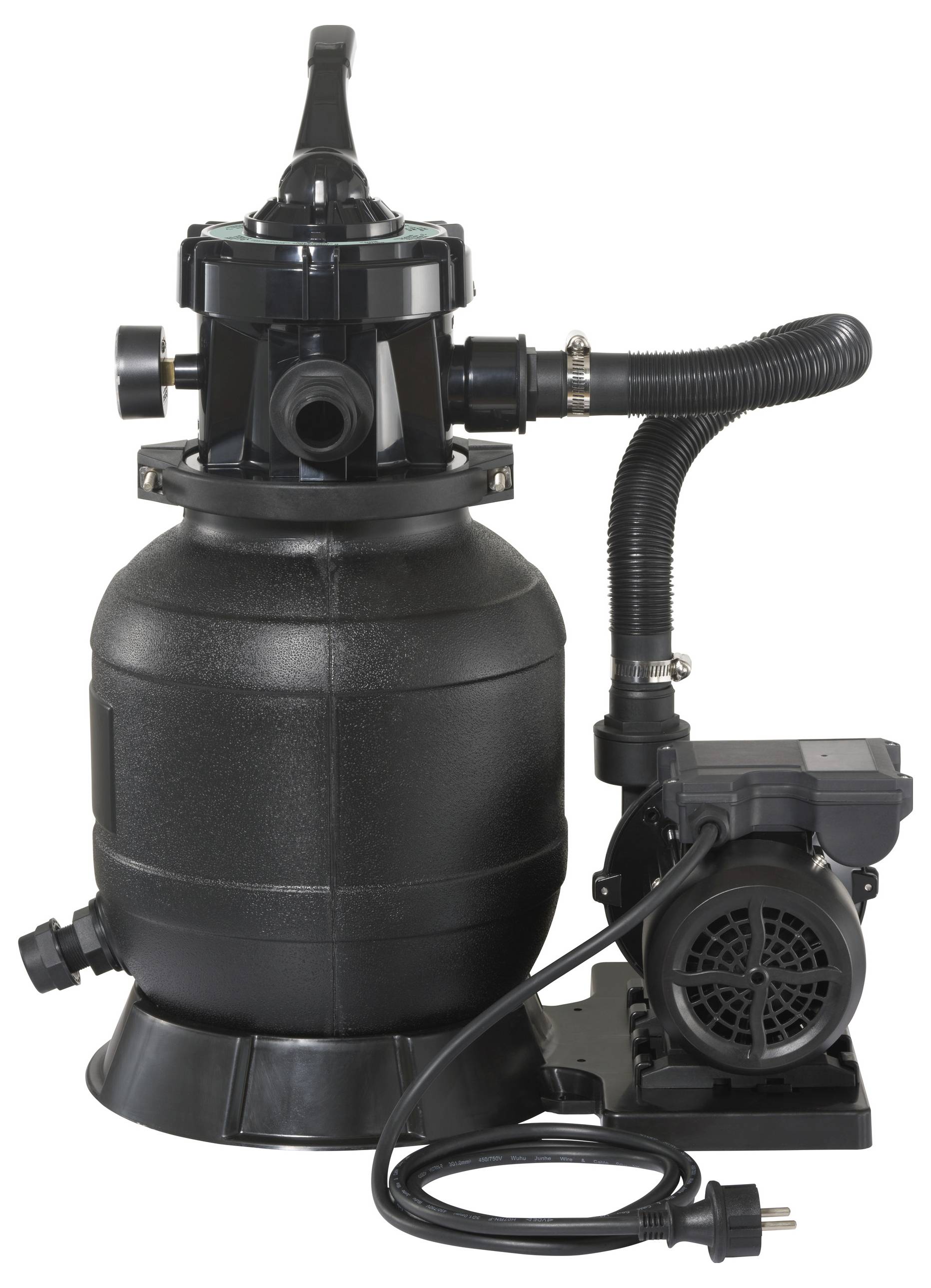 Black sand filter system with pump and hoses, for cleaning pool water; connection cable visible.