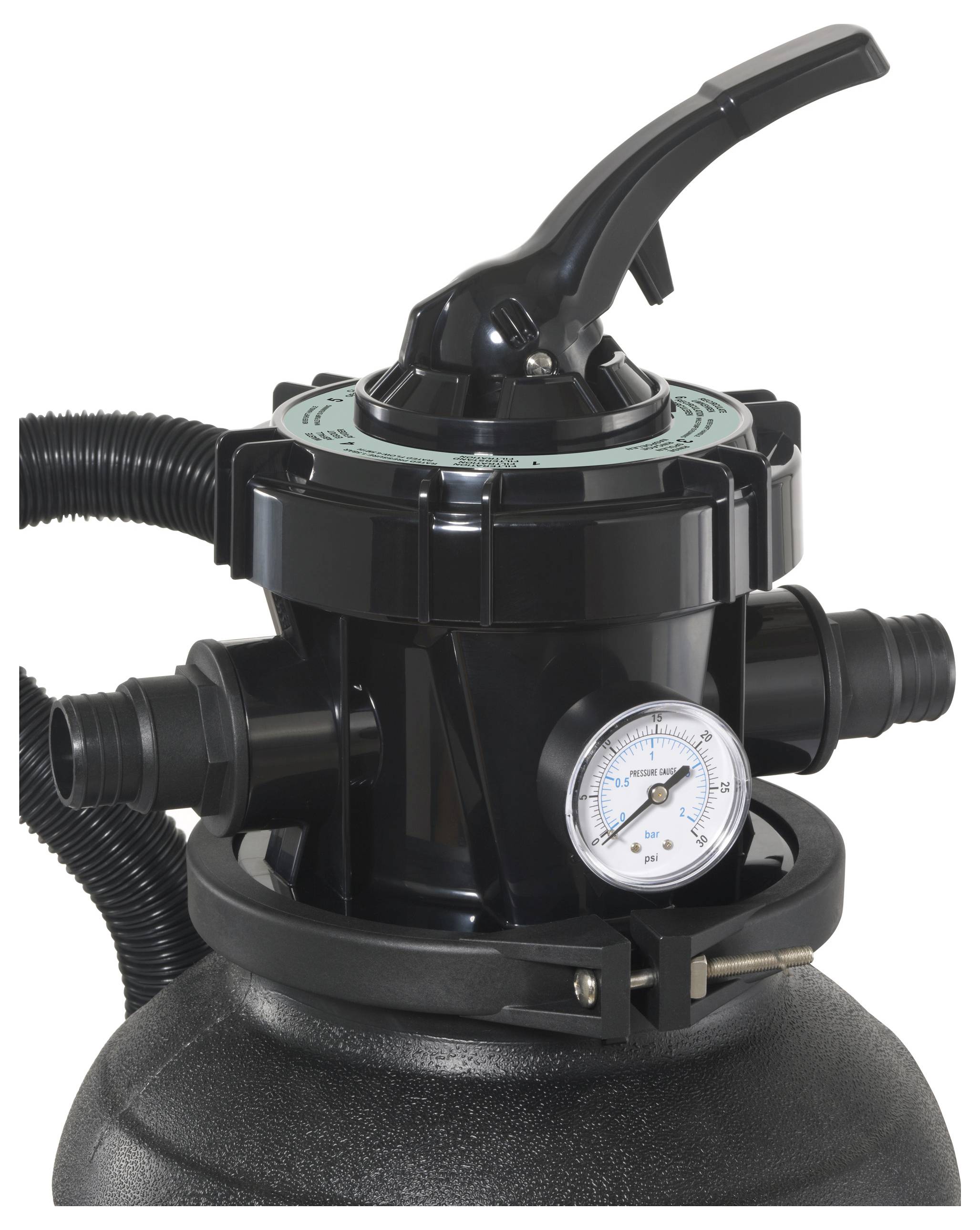 A black water filter with an accompanying pressure gauge. The pressure gauge indicates the pressure of the filter system.
