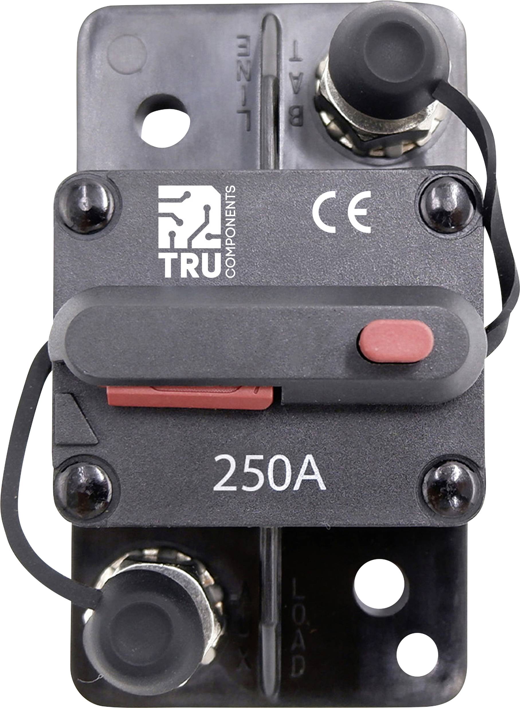 A black electric power switch marked with '250A'. Two connection points at the top and bottom. Brand logo and CE certification in the top left corner.