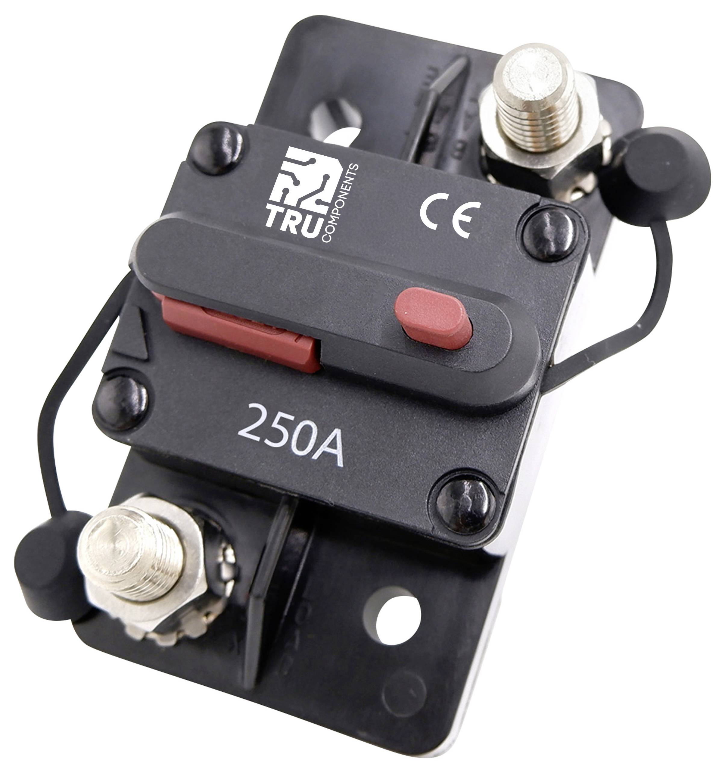 A black electrical circuit breaker with a red lever, labelled '250A'. Suitable for interrupting electrical circuits.