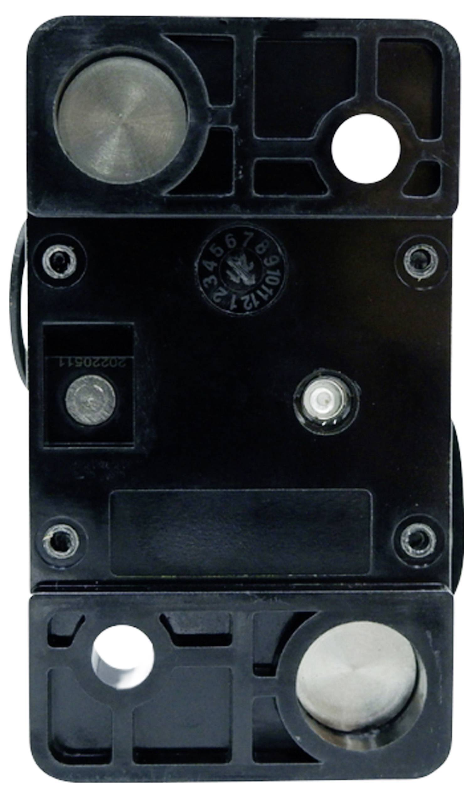 Rectangular black device with metal components and numbered markings, potentially a sensor or technical module.