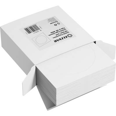 Stack of blank, circular adhesive labels on rectangular sheets, partly slid out from a plain white packaging box displaying a barcode and brand logo.