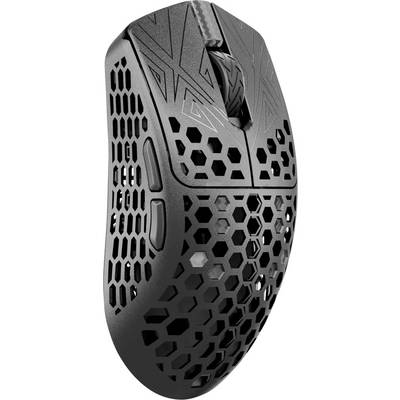 Black, ergonomic gaming mouse with honeycomb pattern for minimal weight and improved airflow, including two side buttons.
