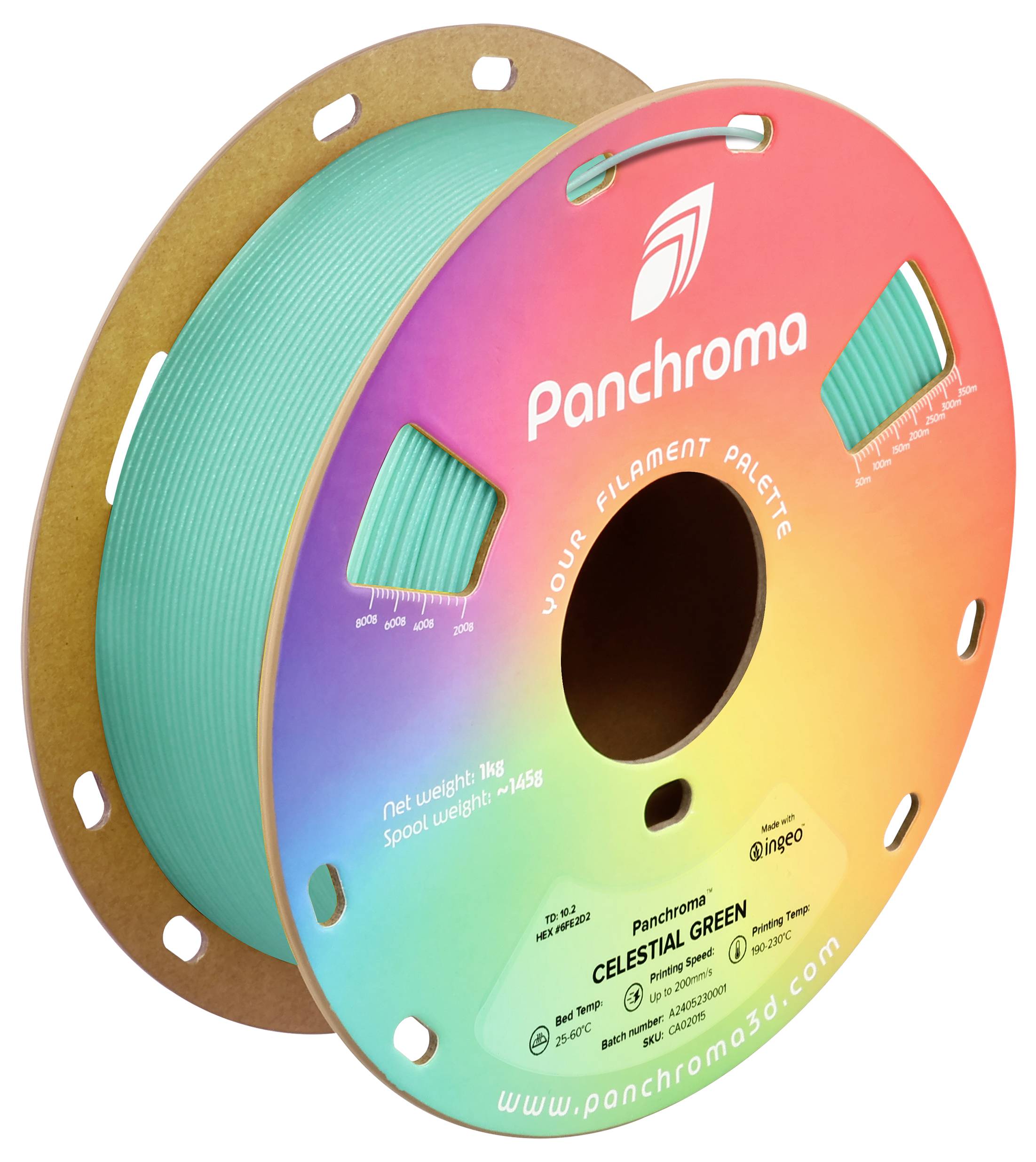 Spool with green 3D printer filament from the Panchroma brand. On the rainbow-colored packaging are details such as 'Net weight: 1kg'.
