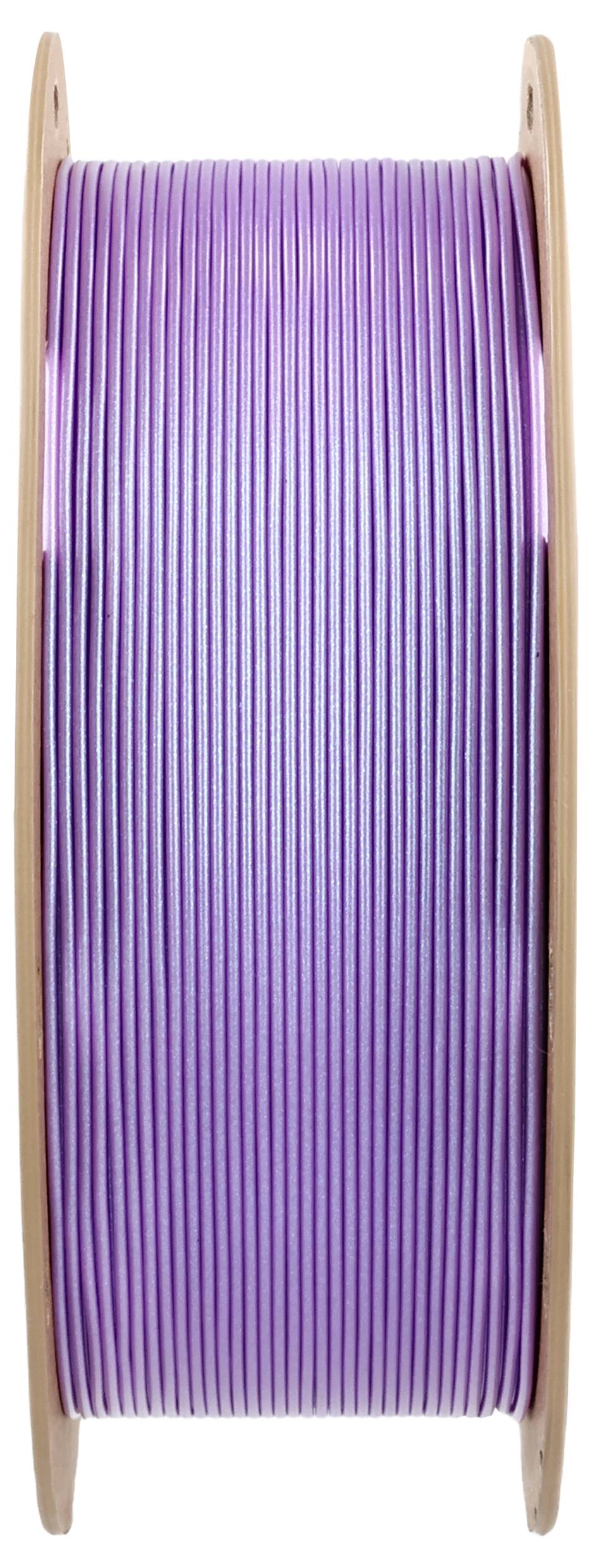 Purple-blue filament spool, positioned vertically on wooden holder mount. Suitable for 3D printing projects.