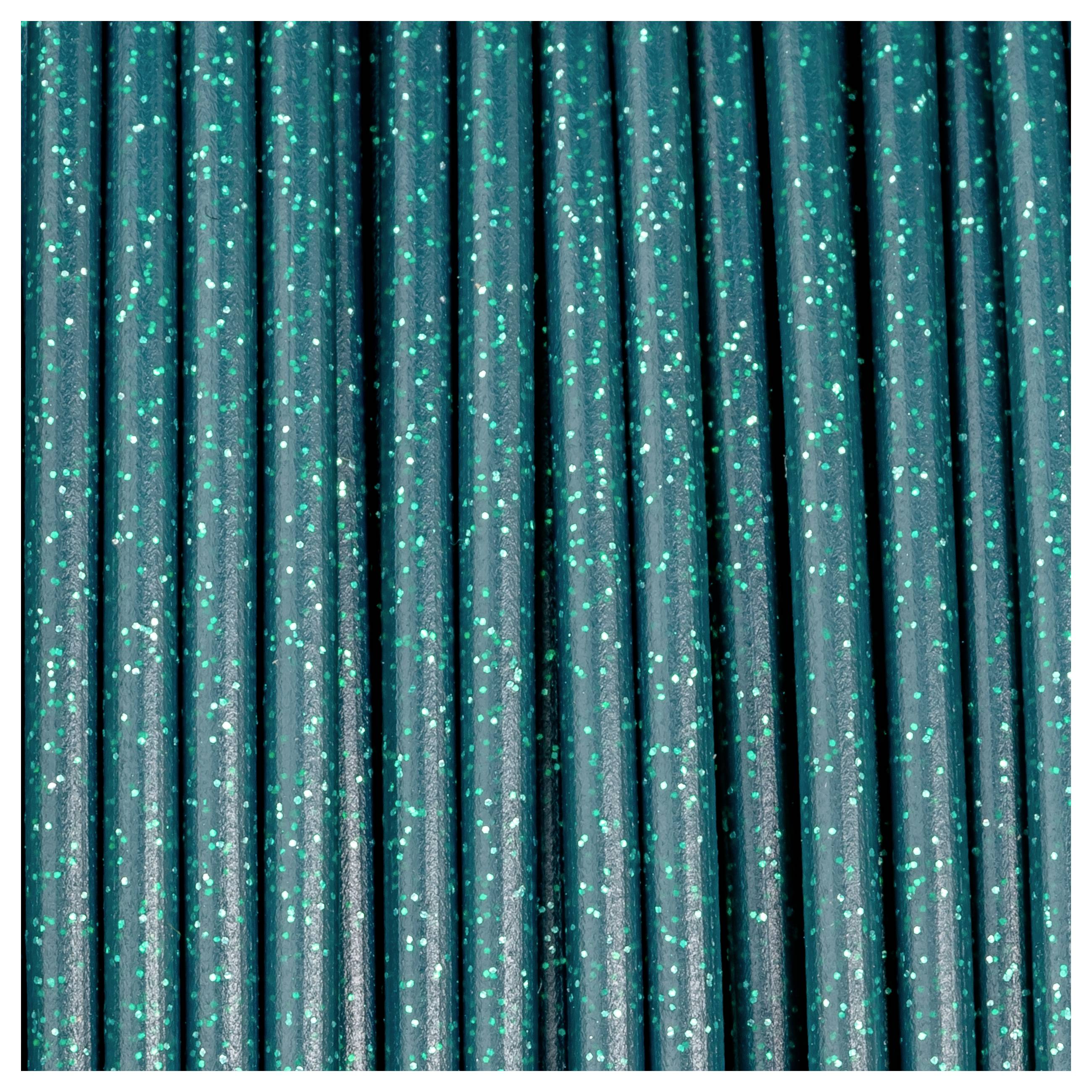 Shimmering, turquoise-colored rods, arranged in parallel, with a glittering surface.