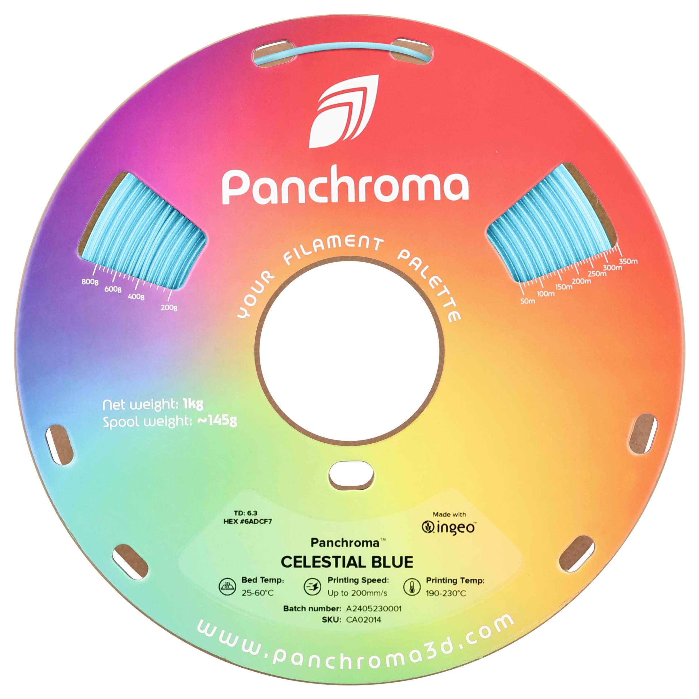 A colorful filament spool from Panchoroma in the color 'Celestial Blue', 1kg, with temperature and print speed recommendations.