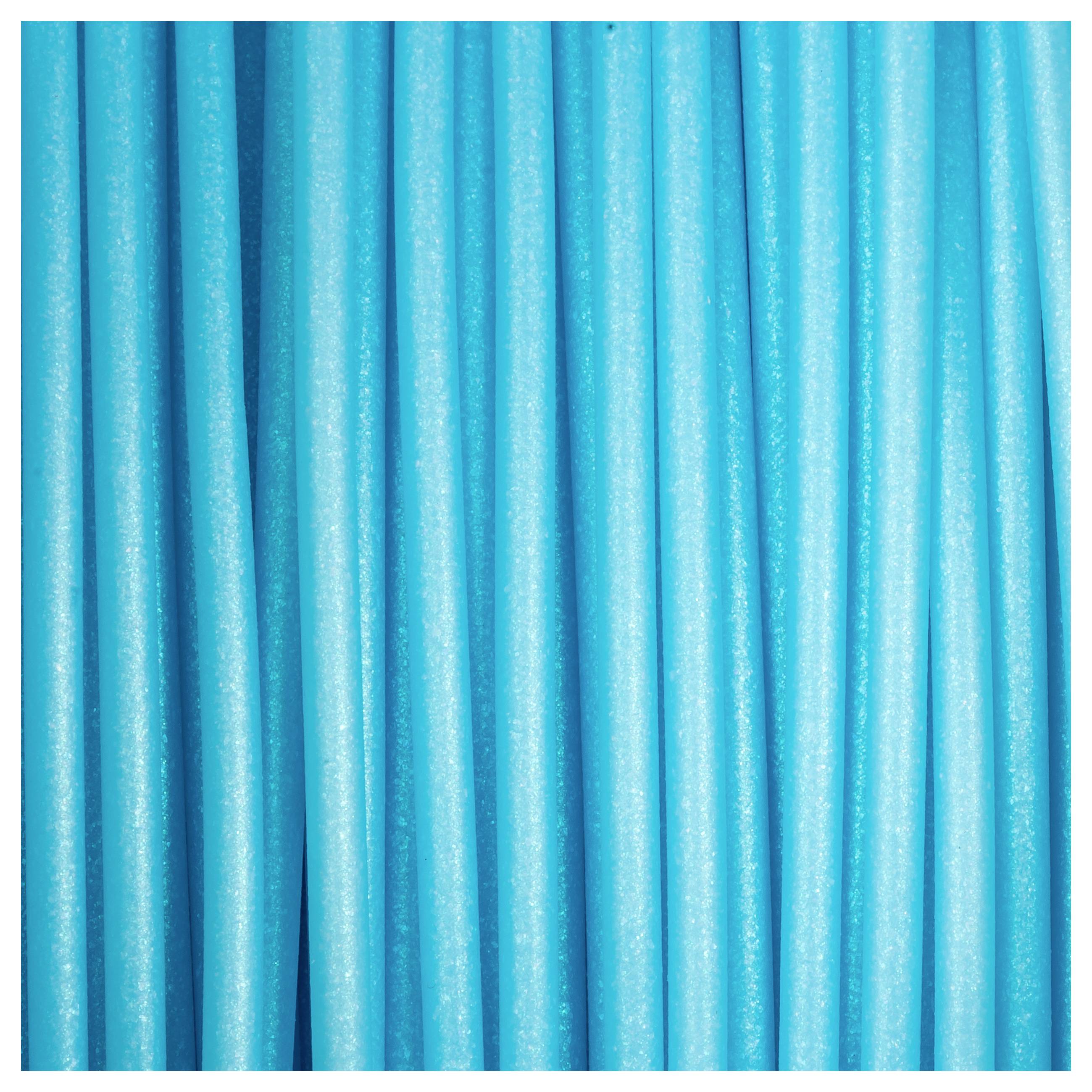 Blue decorated candles in an upright arrangement.