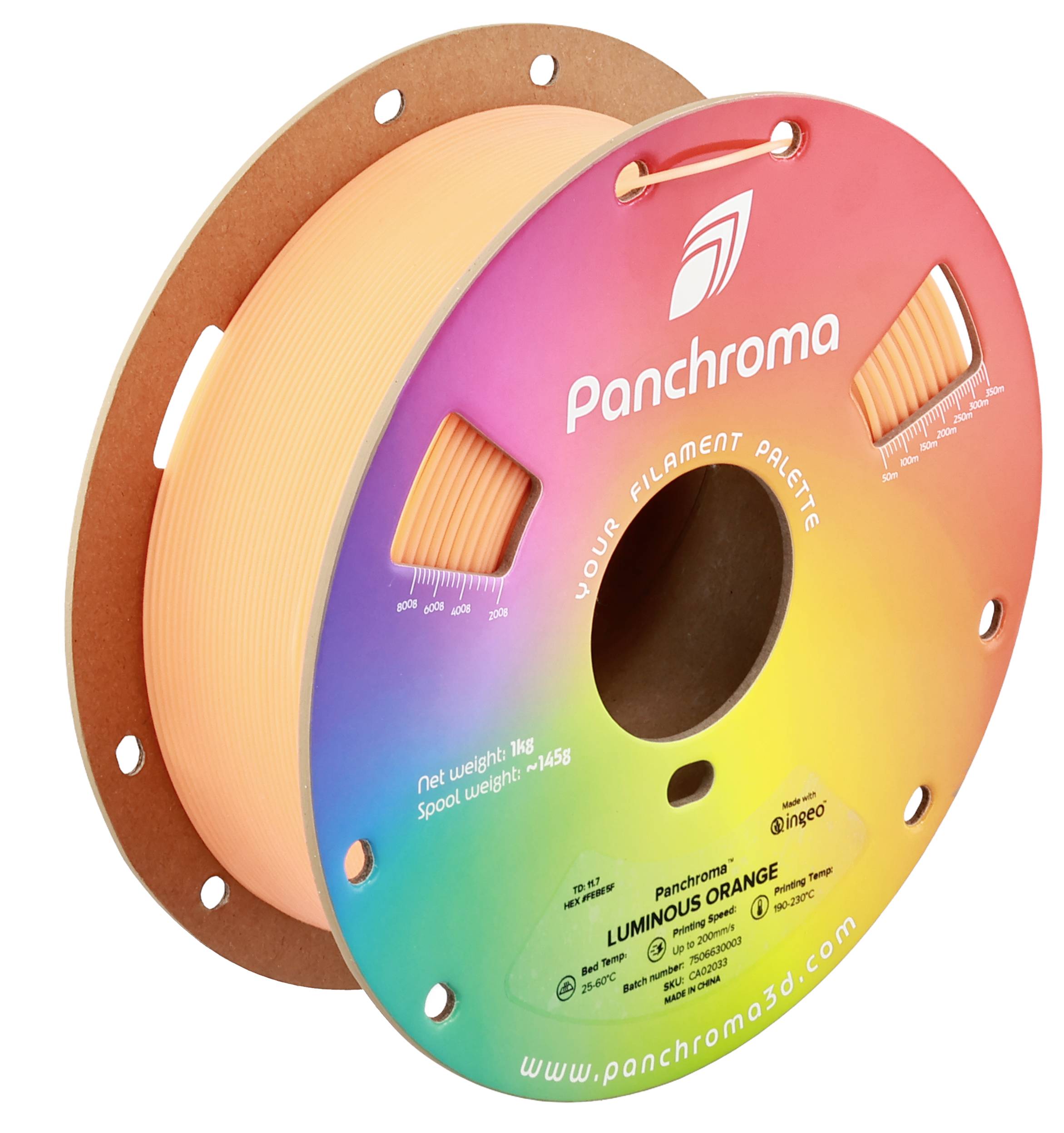 A colorful spool of 3D printer filament in bright orange, brand 'Panchroma', on rainbow packaging.