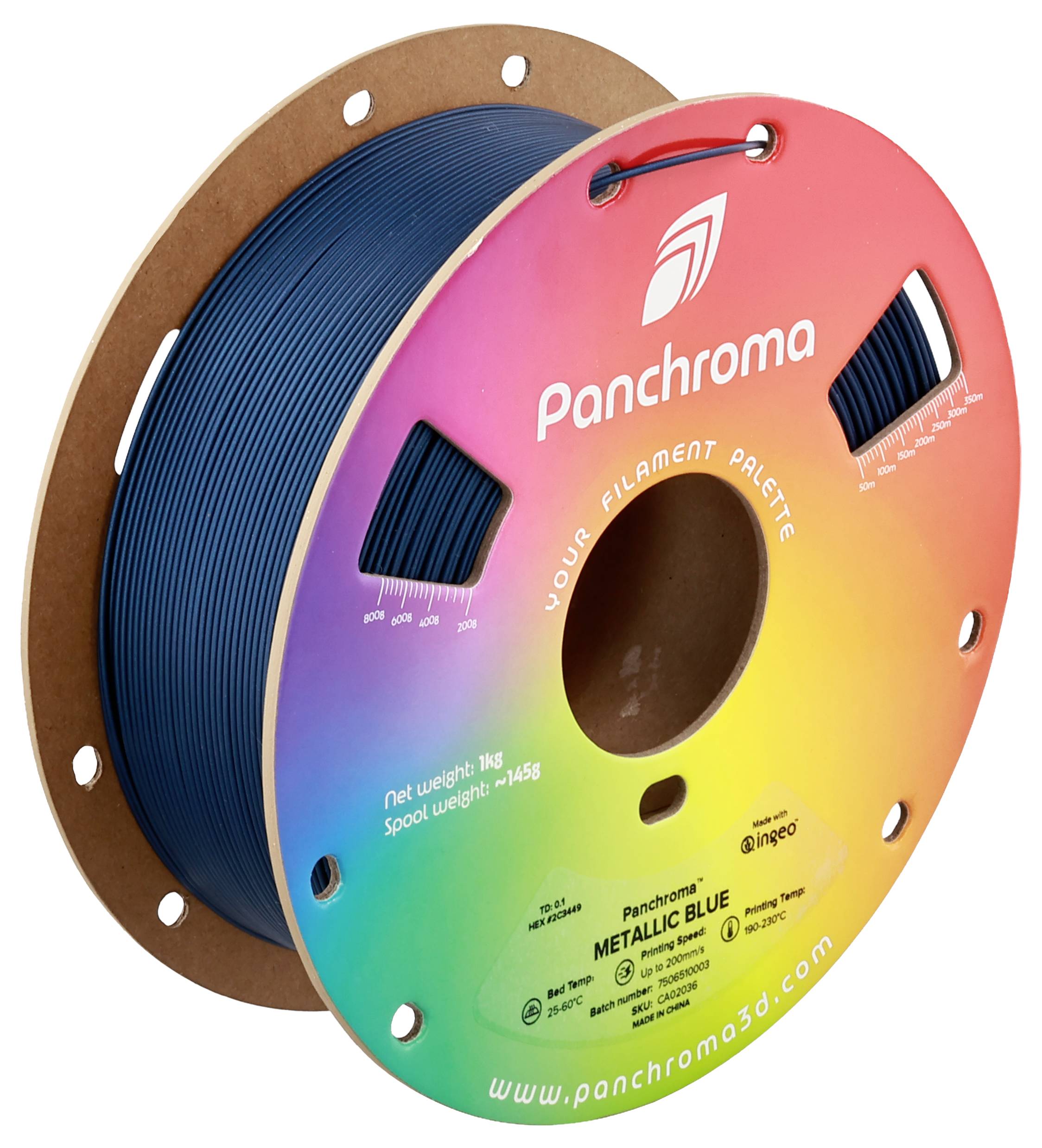 Metallic blue 3D printer filament on a spool. Brand name Panchroma and rainbow color design of the packaging label visible.
