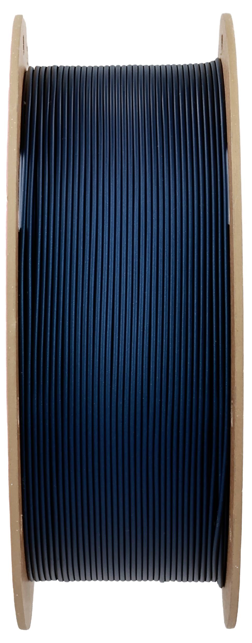 Black cable reel, wound on wooden spool, vertically oriented.