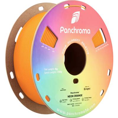 Orange 3D printing filament spool in cardboard box with 'Panchroma' brand print. Net weight: 1 kg, spool weight: 145 g.
