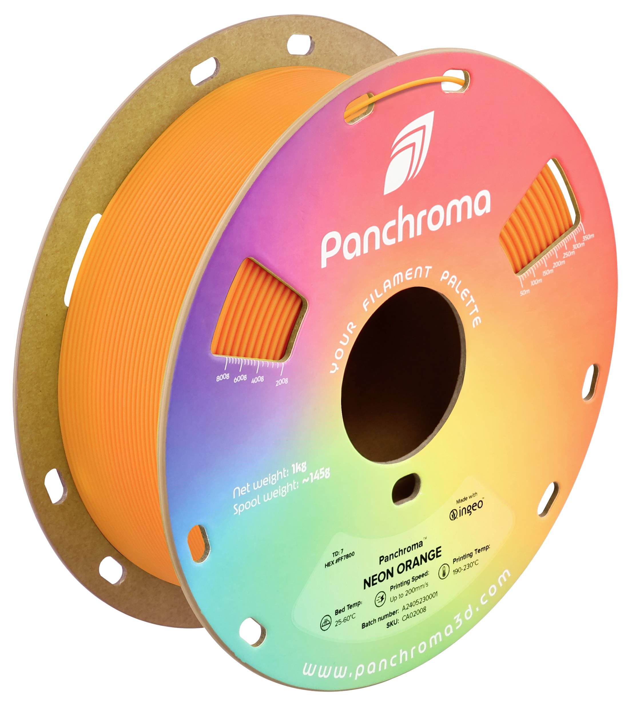 Filament spool with neon orange 3D printing material from Panchroma, net weight 1 kg, available at panchroma3d.com.