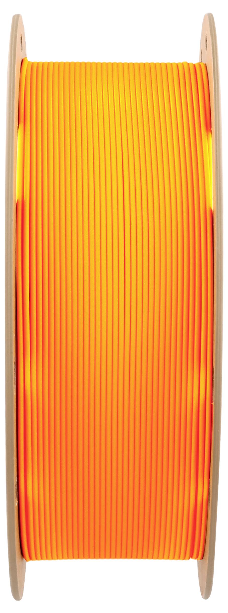 Orange plastic spool with filament for 3D printer.