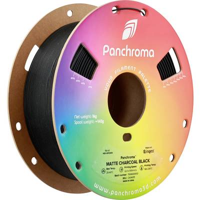 A colorful spool with black 3D printing filament from the brand 'Panchroma'. The spool shows weight and product details.