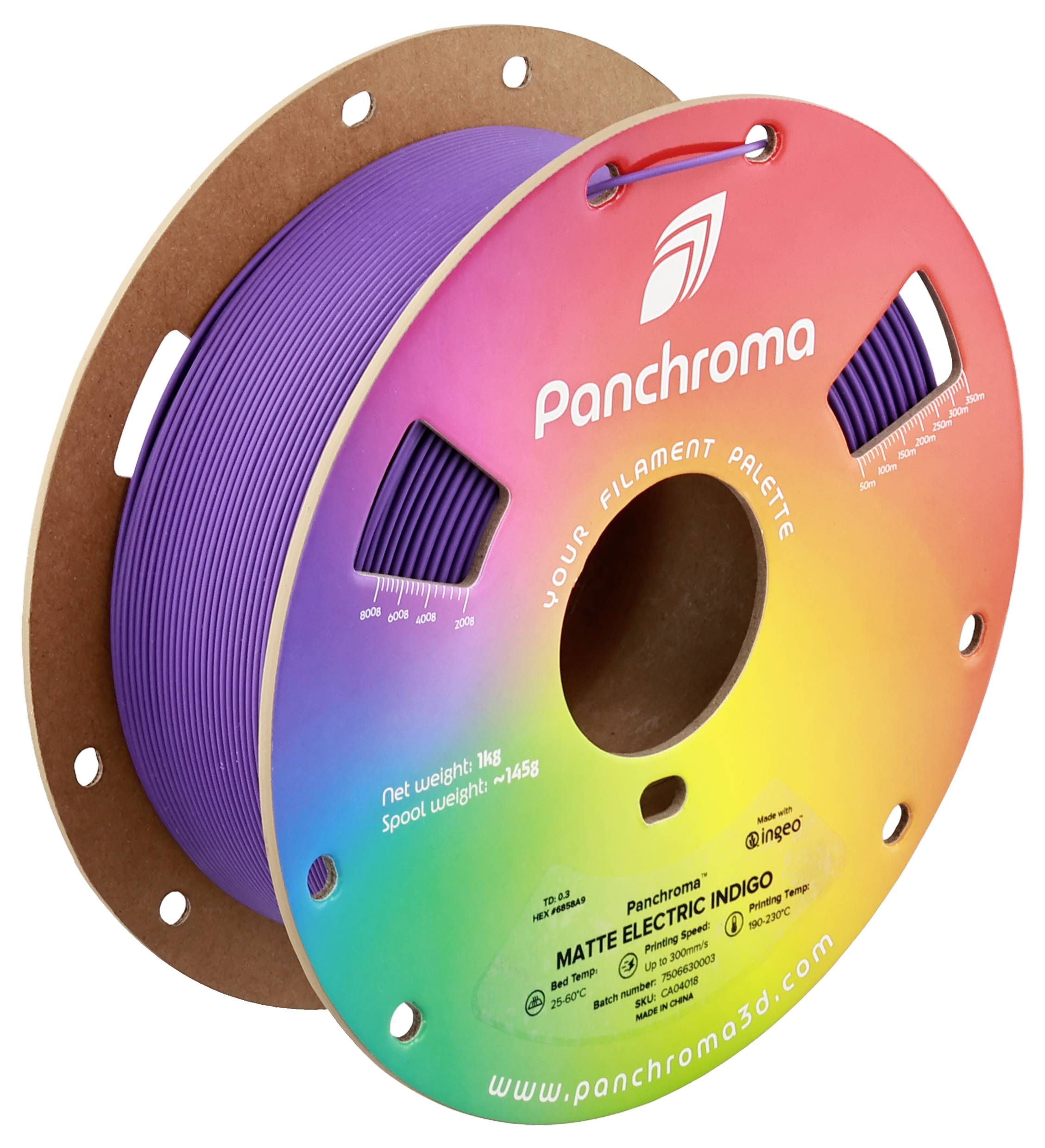A colorful spool with 3D printer filament in the color 'Matte Electric Indigo'. Brand: Panchroma. Weight: 1 kg.