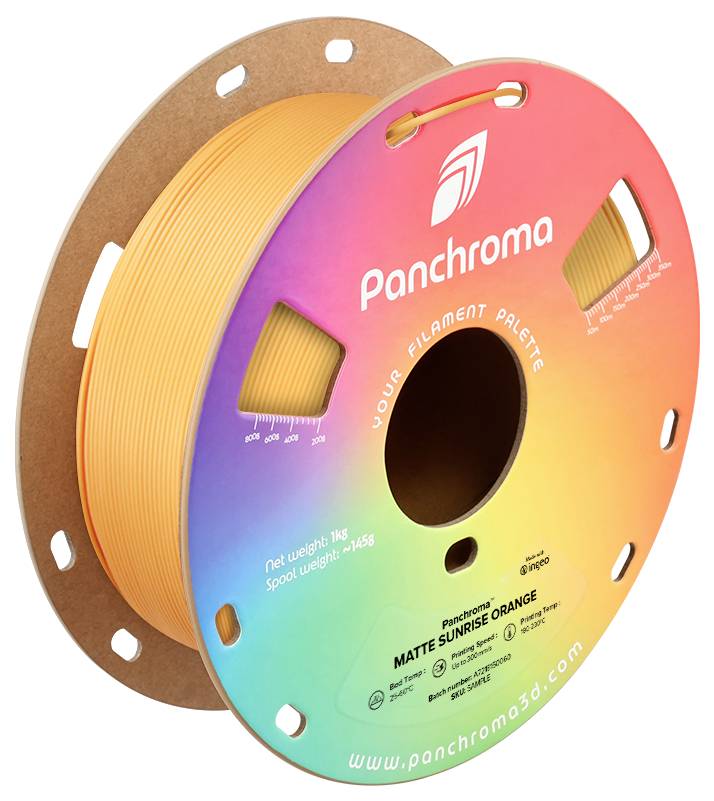 A spool with matte orange 3D printing filament from 'Panchroma', weight 1 kg, length 1456 feet, marked with a gradient color label.
