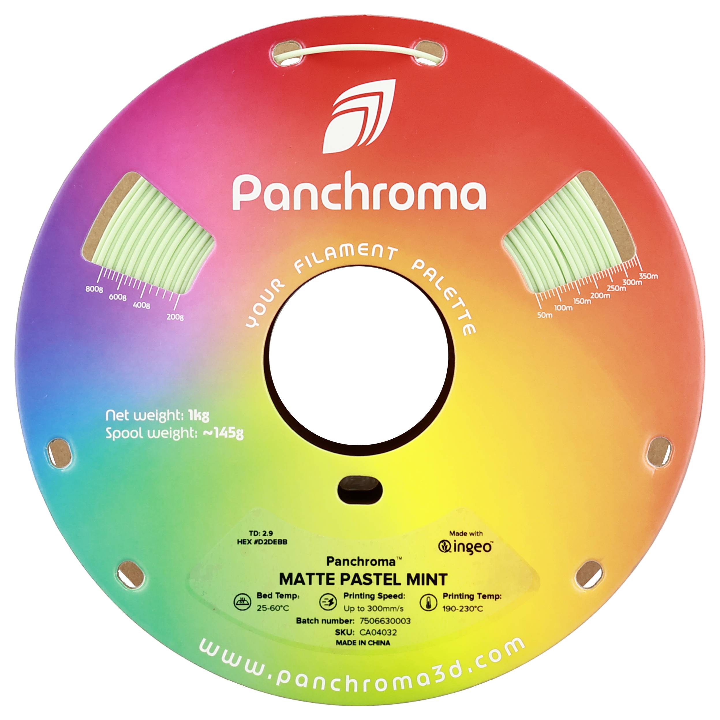 Round filament spool in rainbow colors with the inscription 'Panchroma'. Contains information about weight and temperature range.