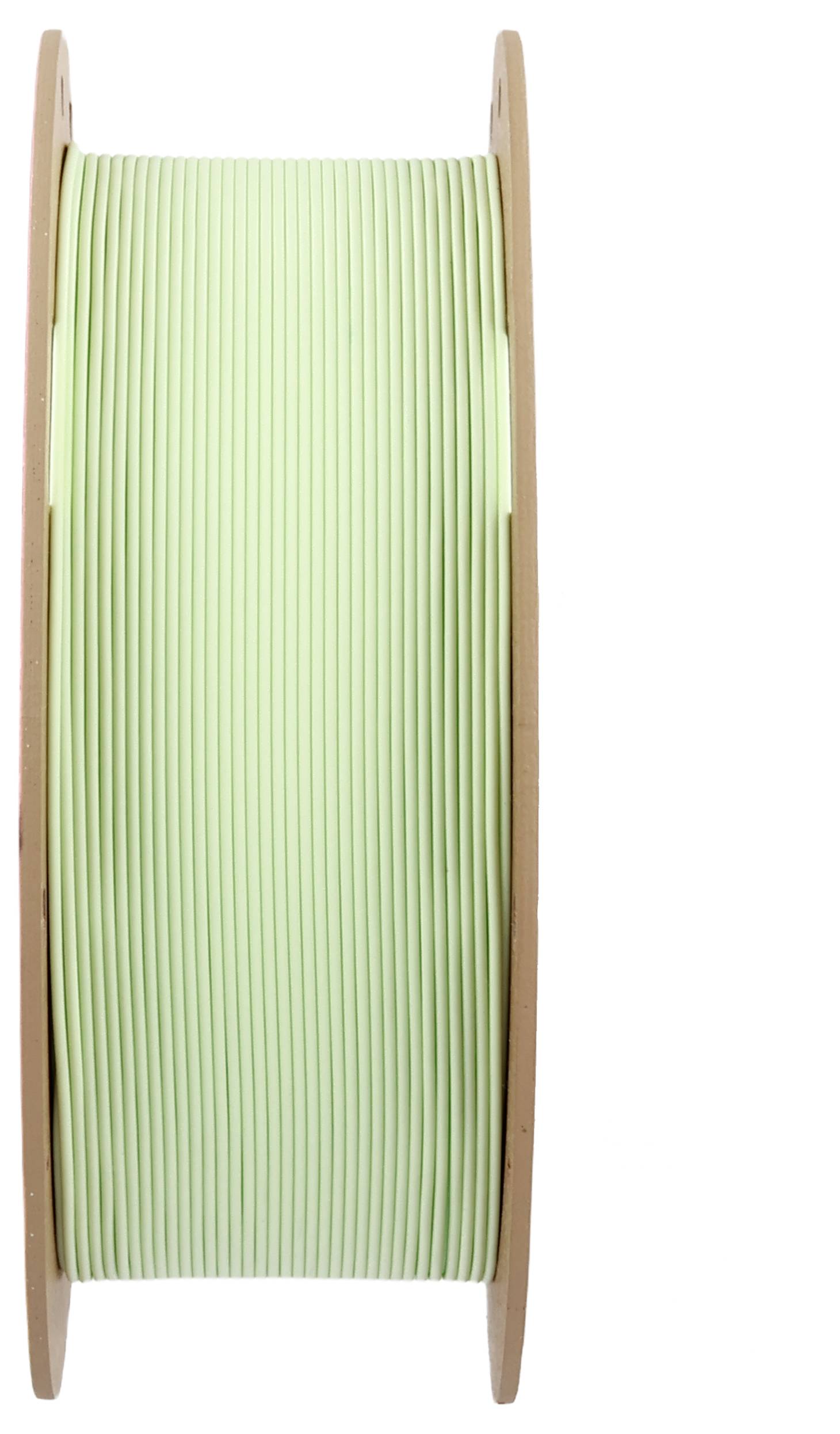 A spool with light green filament used for 3D printers. The spool has a wooden structure and is vertically oriented.