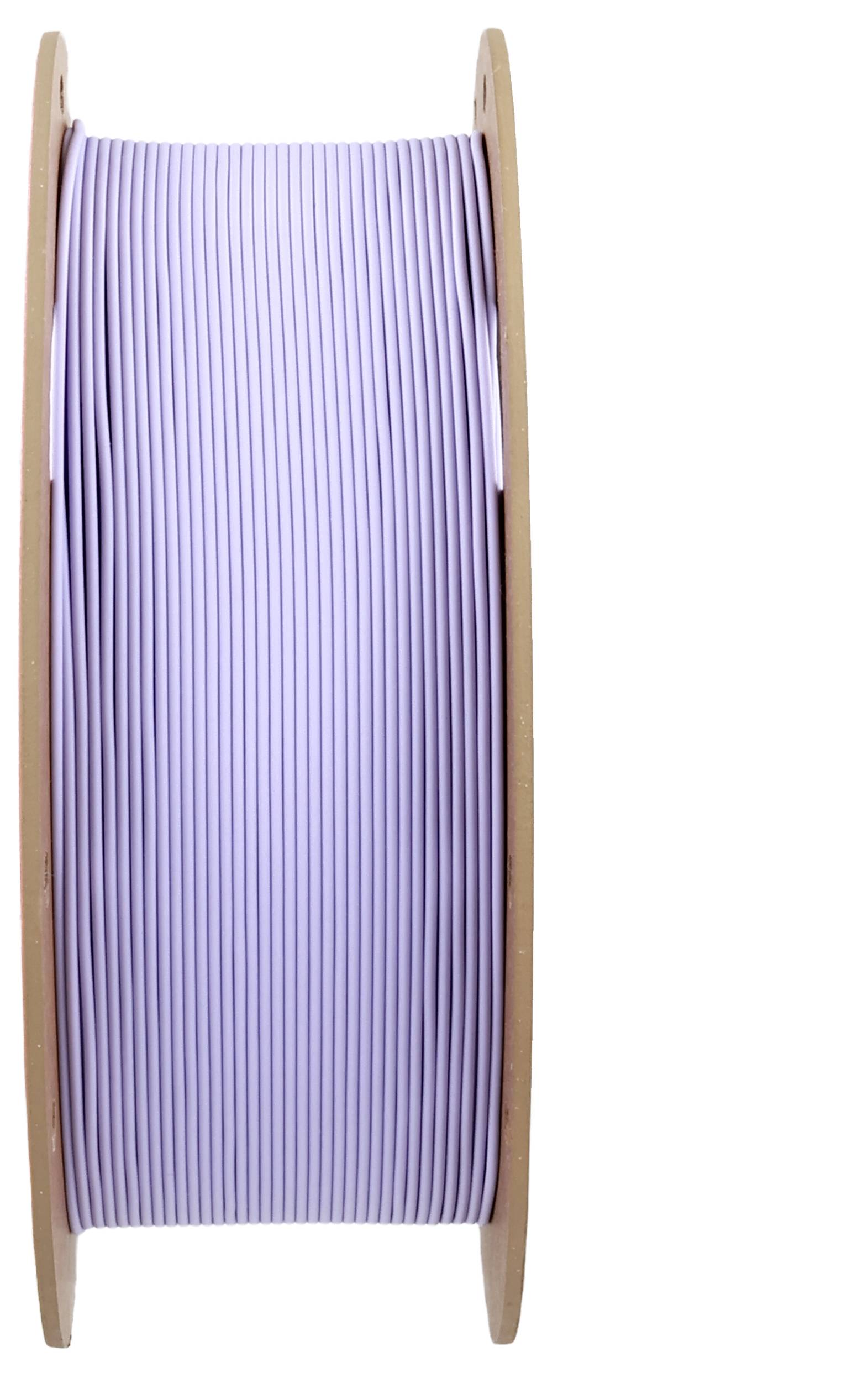 A large wooden spool with coiled light purple cable, standing upright.