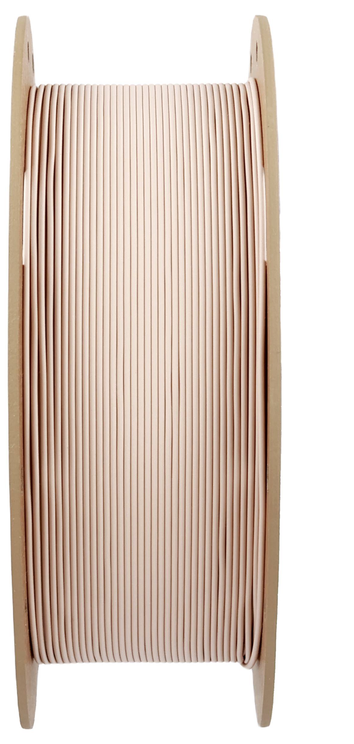 Wooden spool with coiled, light pink cable, arranged vertically.