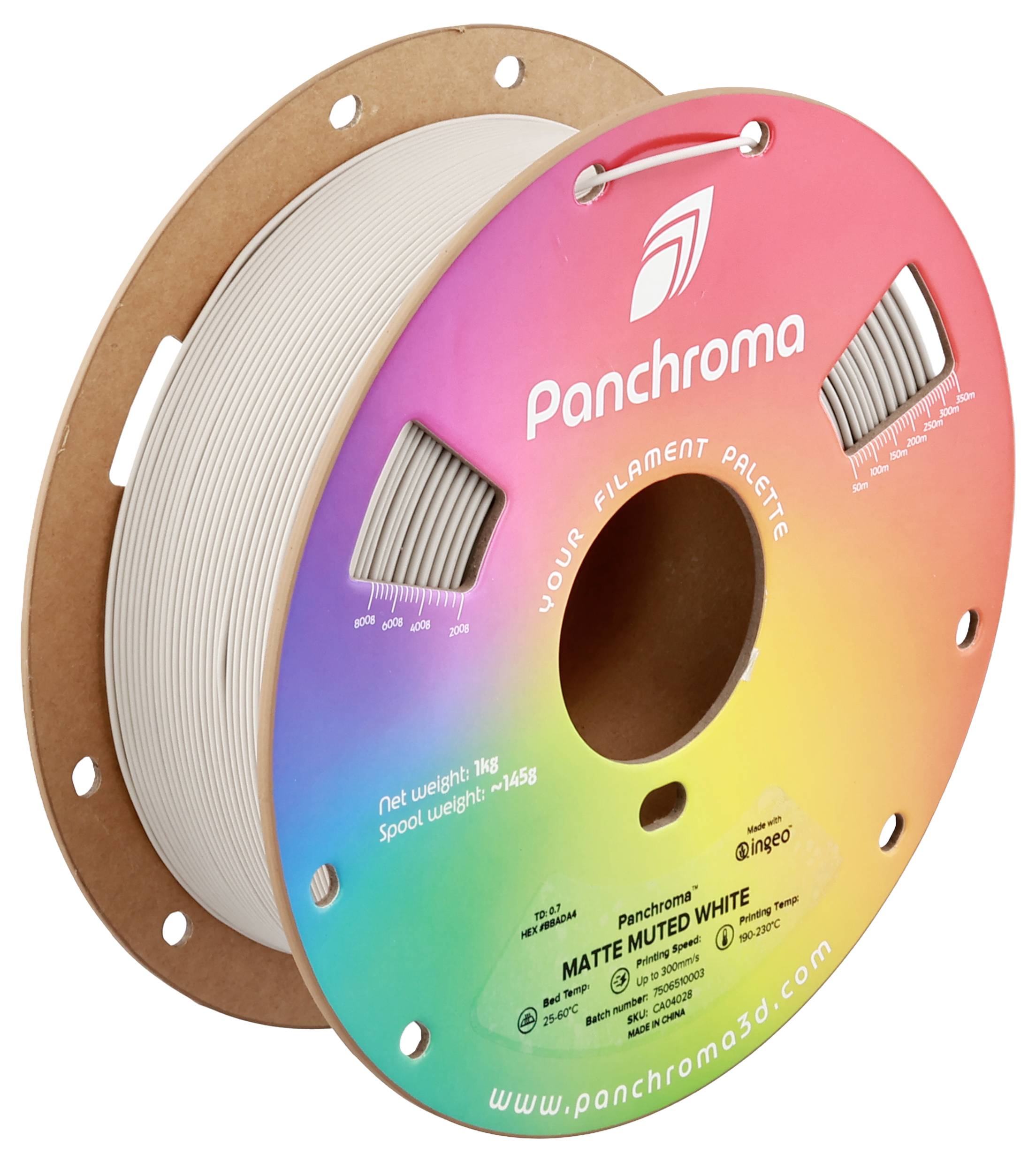 Spool with 3D printer filament in matte white. Packaging shows a color gradient from red to green. Brand 'Panchroma'.