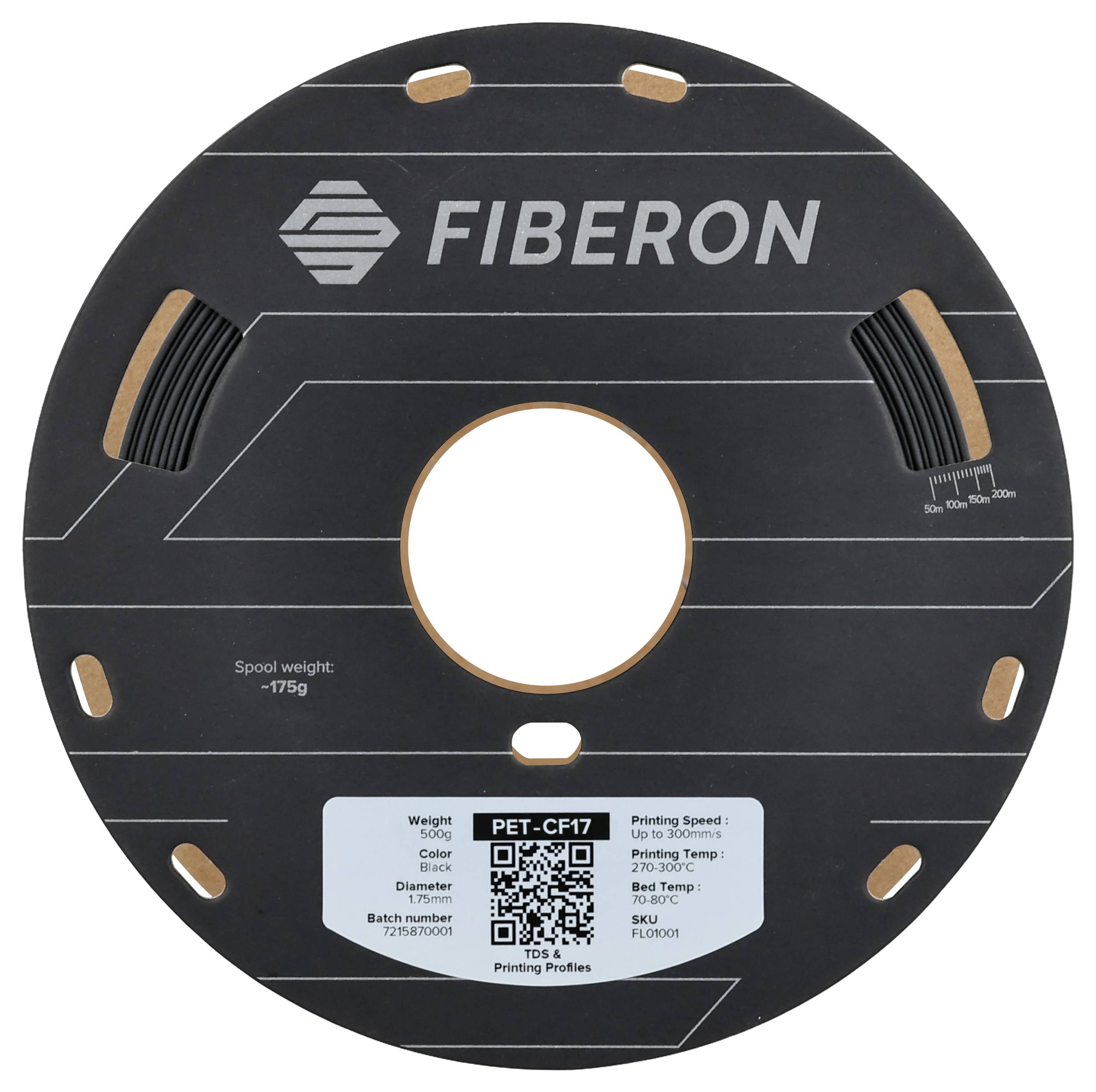 A black filament spool from the Fiberon brand with a QR code and technical details about material, weight and printing speed.