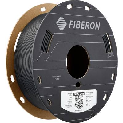 Black fiber spool with the inscription 'FIBERON'. Details on label: Weight approx. 750g, Material type PA612-CF15, QR code present.